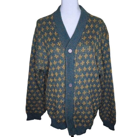 Vintage 60s Wool Cardigan Sweater Women's Size L Green Gold Chunky Knit Fleur De - Picture 1 of 7